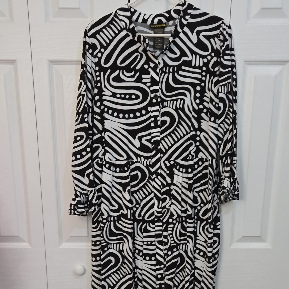 Nooworks Olive Dress Black and White Long Sleeve Dress, Size XL